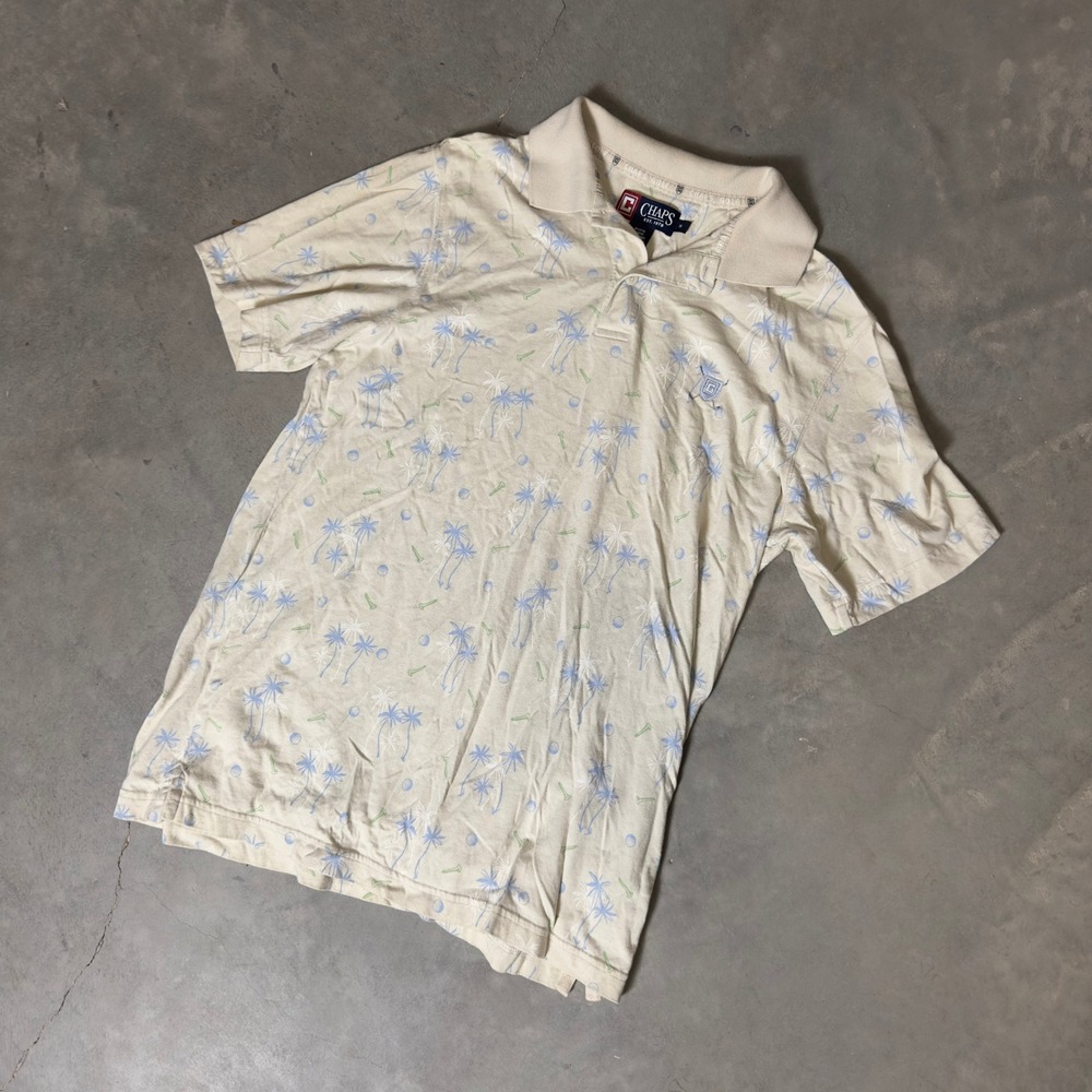 Vintage Chaps Polo Shirt Mens M Cream Tropical‎ Golf Print Short Sleeve Preppy